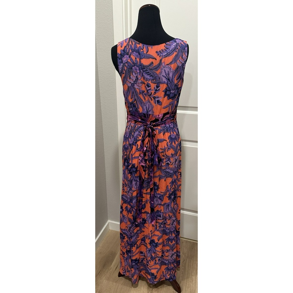 Anthropologie MAEVE Maxi Dress 6 Purple Orange Floral Waist Tie Resort Wear - Picture 4 of 5